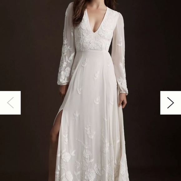 BHLDN Nassau Long-Sleeve Deep-V Embroidered Side-Slit Wedding Gown - Picture 1 of 5